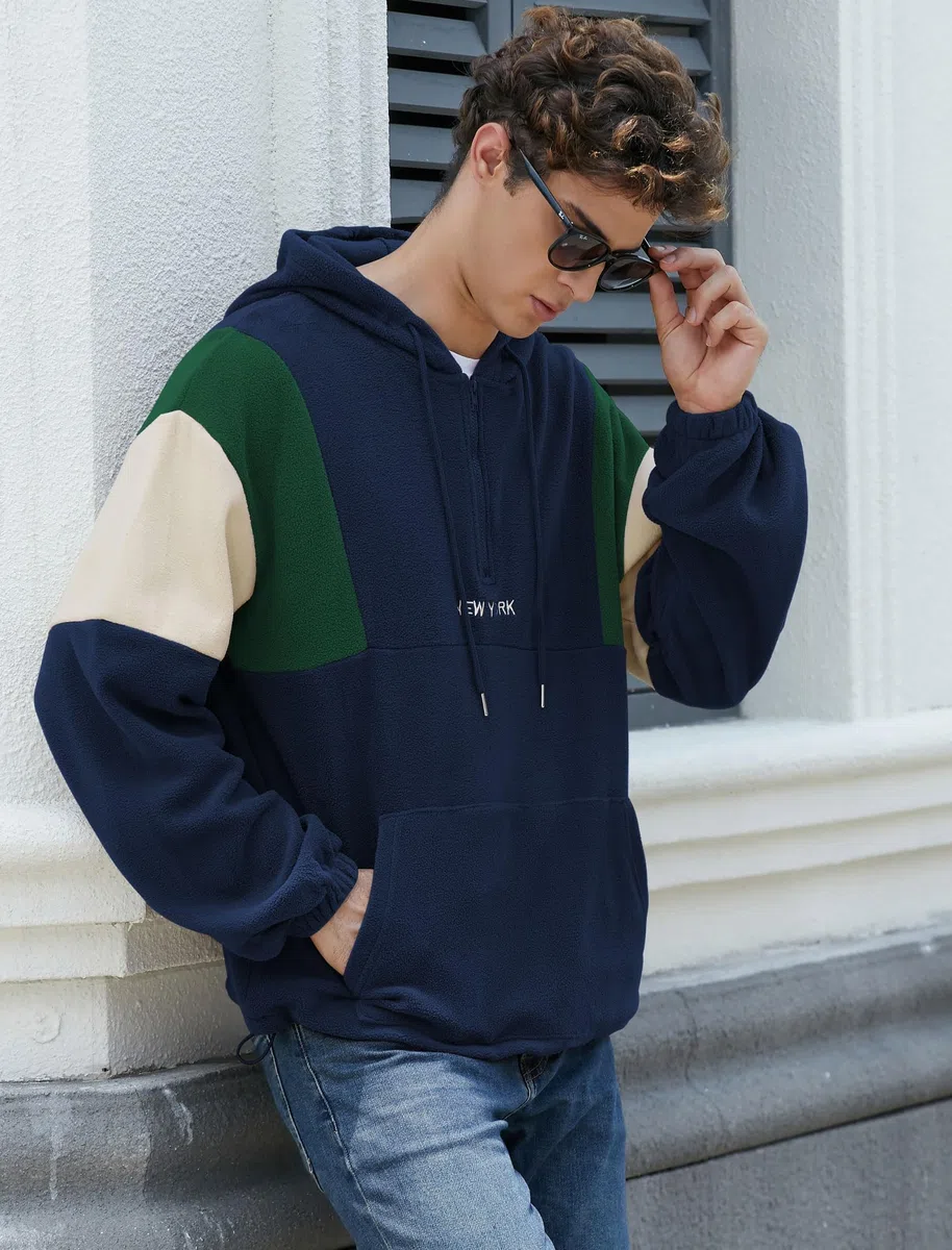 ZAFUL Sudadera con capucha para hombre, diseño de bloques de color, con bordado de forro polar mullido, media cremallera, unisex