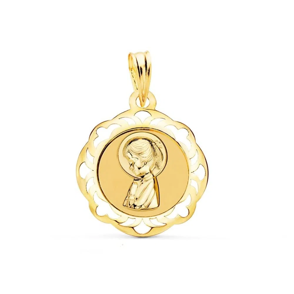 Virgen Niña medalla oro 18k Primera Comunión colgante 20mm. detalles calados cerco - Personalizable - GRABACIÓN INCLUIDA EN EL PRECIO