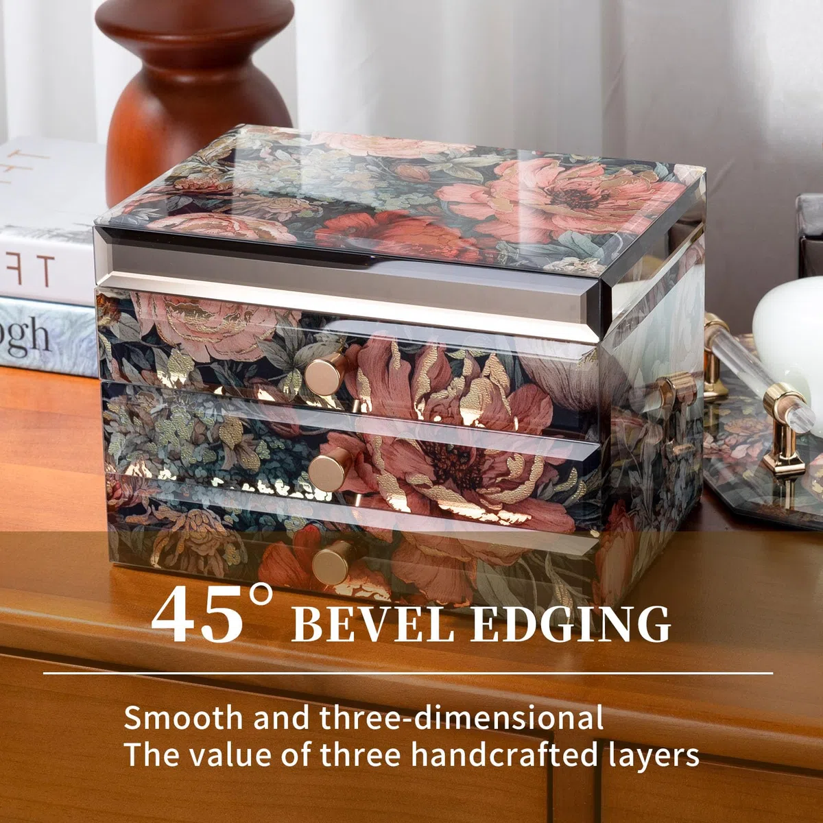 Joyero de cristal con patrón floral, organizador de joyas de 3 niveles para mujeres y niñas, cajas decorativas de regalo de joyería, organizador de mesa para aretes, collar, regalo para