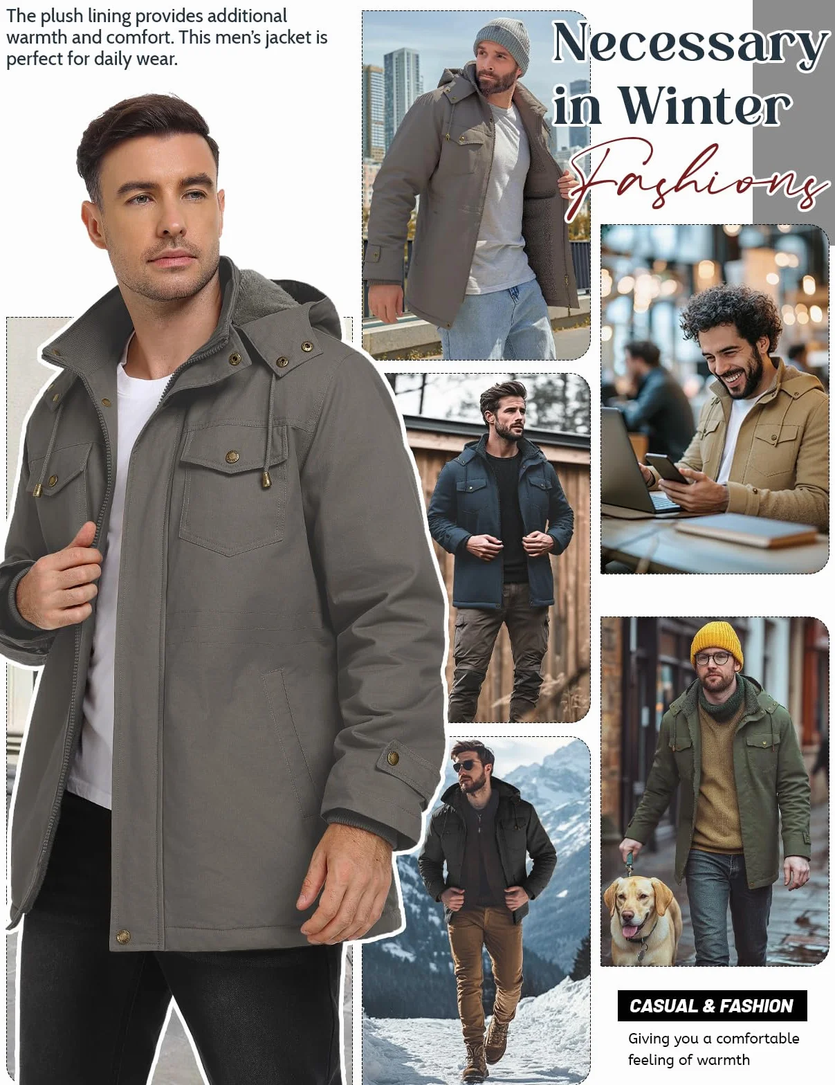 Xnova Chaqueta Hombre Invierno Abrigos Cálido Forro Polar Algodón Parka con Capucha Desmontable Chaqueta Militar Termica Cazadora Entretiempo Trabajo con Bolsillos Múltiples