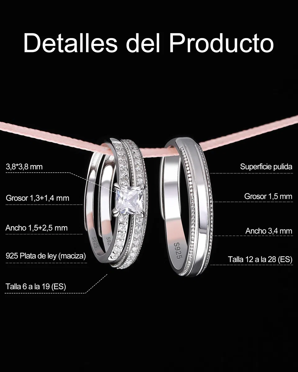 Meissa Set de 3 Anillos de Compromiso Alianzas de Plata Pareja de Ley 925 Zircón Corte Princesa Anillos Ajustables para Pareja Anchos