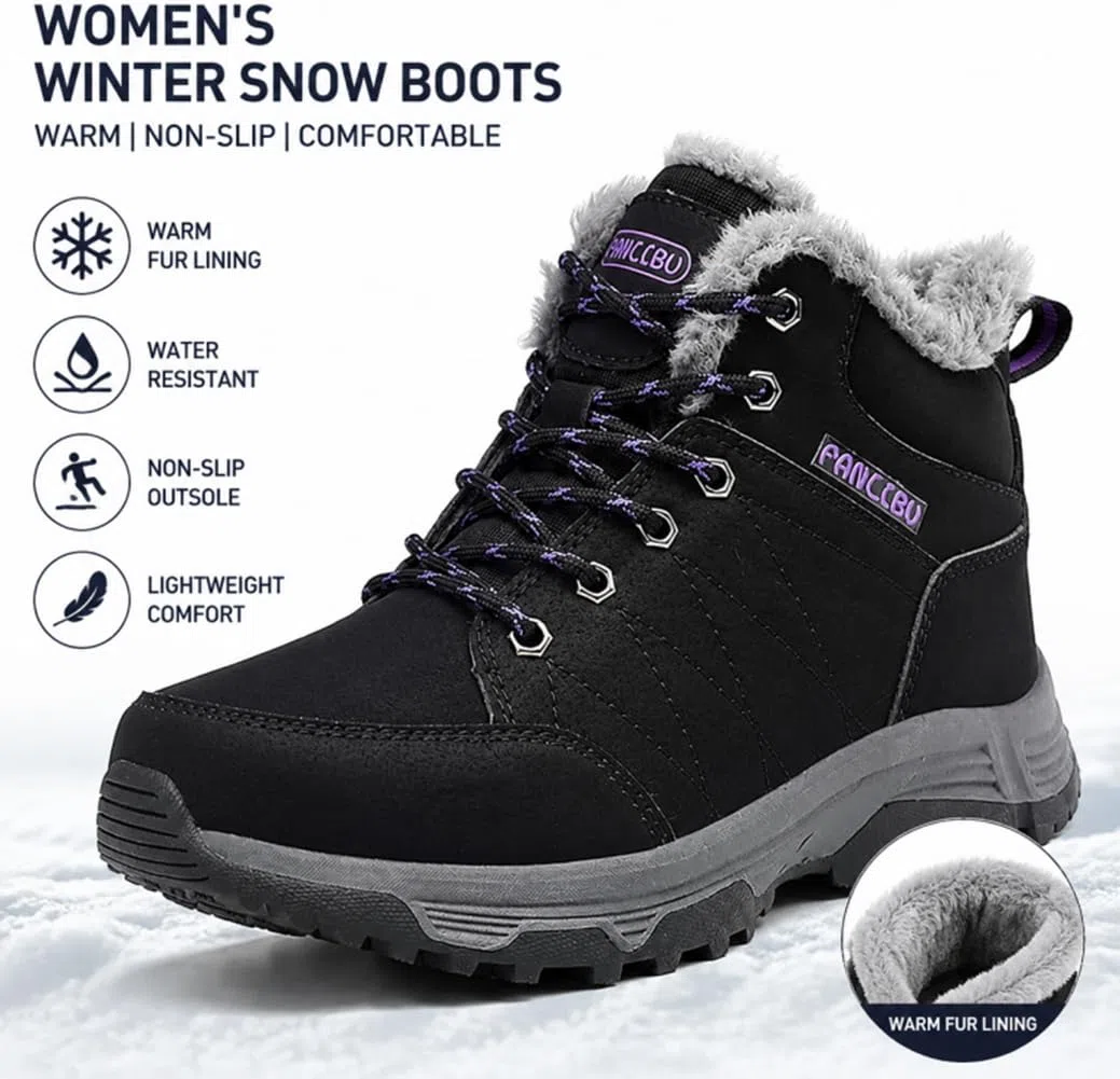 UIKGITP Botas deportivas de invierno impermeables para mujer, botas de nieve con forro de piel, botas de tobillo cálidas sin cordones, elegantes y mullidas para senderismo para mujer
