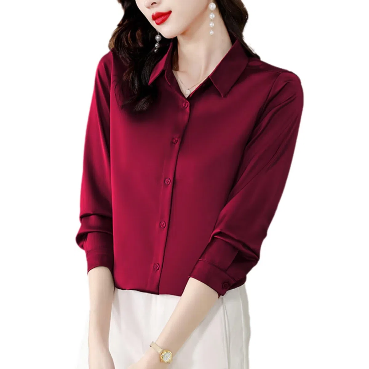 Camisa de Seda Mujer 100% Seda Blusa Manga Larga Elegante para Oficina