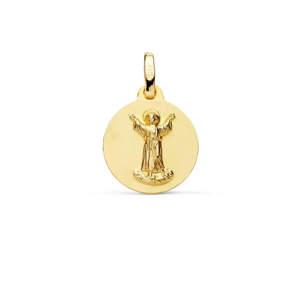 Medalla oro 18k Divino Niño Jesús 14mm. relieve lisa acabado matizado