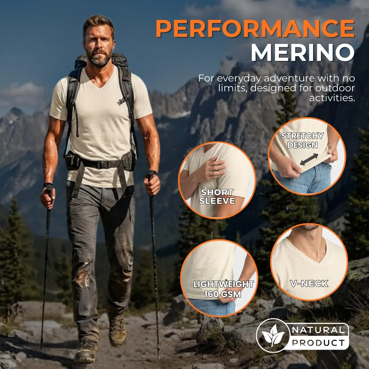 menique Camiseta de manga corta para hombre, 100 % merino, camiseta térmica ligera para hombre, capa base, transpirable, cuello redondo, para viajes al aire libre y senderismo