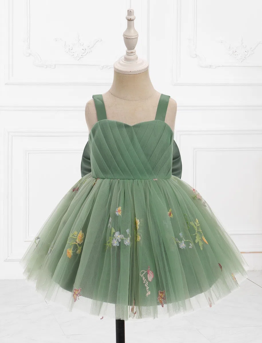 OMEWEE Vestido de flores para niña, con bordado floral, plisado, vestido de tul con volantes, vestido de verano elegante para primera comunión, boda, sesión de fotos