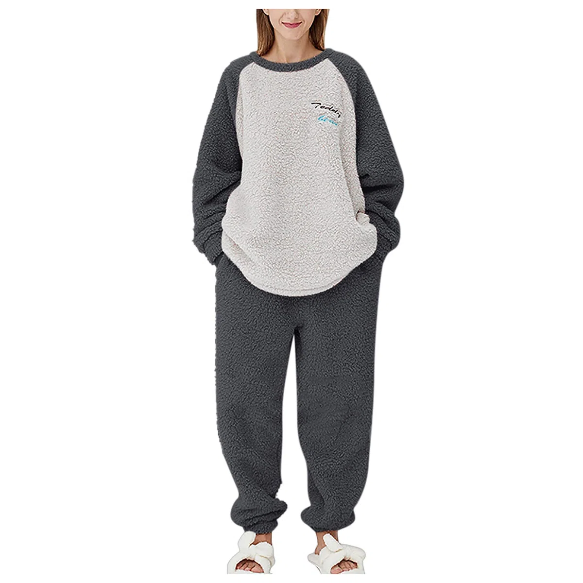 Conjunto de pijama atractivo para mujer, para invierno, otoño, cómodo, cálido, manga raglán, bloque de color, forro polar, suave, transpirable, algodón, pijama, pantalones, ropa de dormir