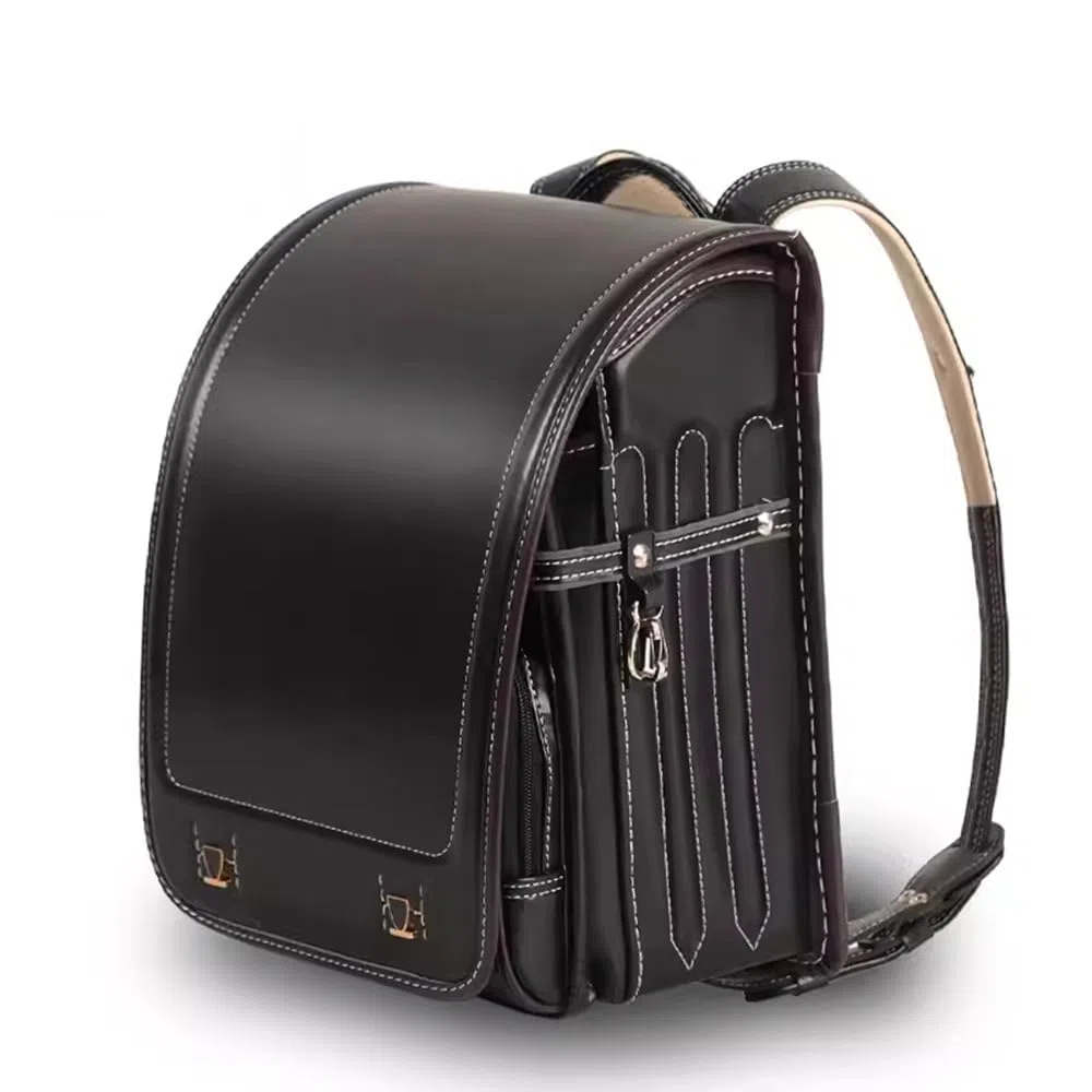 Ransel Randoseru PU Leather Japanese Box Backpack con Bloqueo Automático Bolsa De Escuela Ligera,Negro,35 * 27 * 18cm