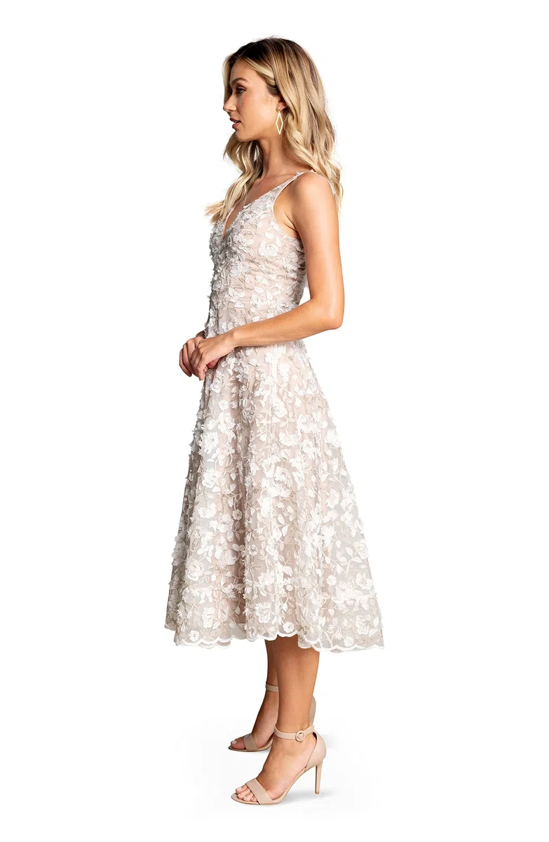 Dress the Population Elisa Vestido Midi Sin Mangas con Escote Profundo Y Escote Acampanado Vestido Mujer