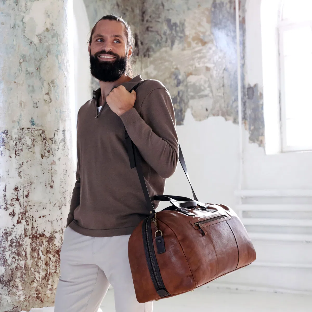 Bolsa de Viaje de Cuero - Bolsa de Lona - Weekender - Bolsa de Noche - Bolsa de Cuero - Bolsa de Gimnasio - Time Resistance, Coñac