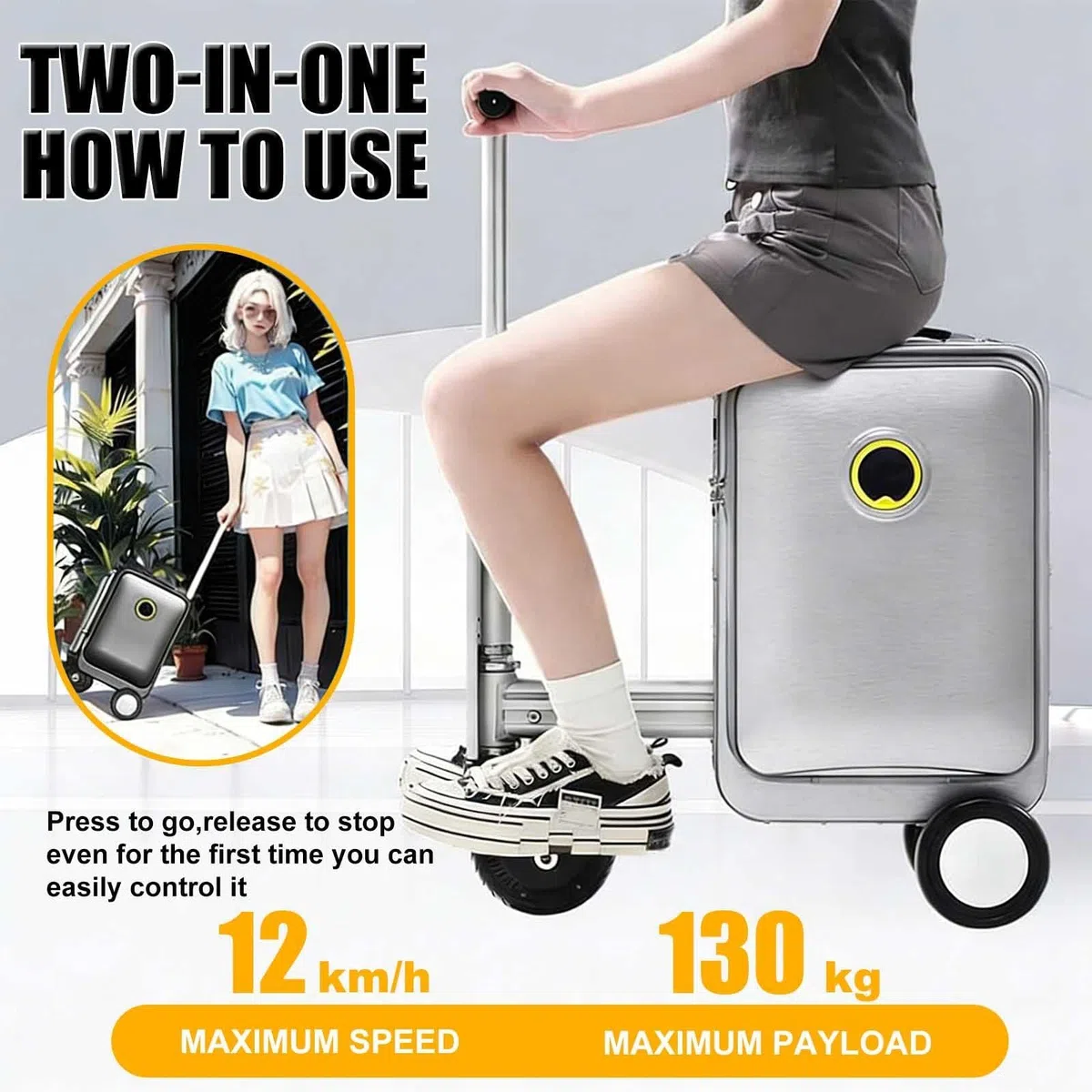 Maleta eléctrica para montar, 20 L, puerto de carga USB, batería extraíble, rango de 8 a 9 millas, bloqueo TSA para viajes y desplazamientos, Pink