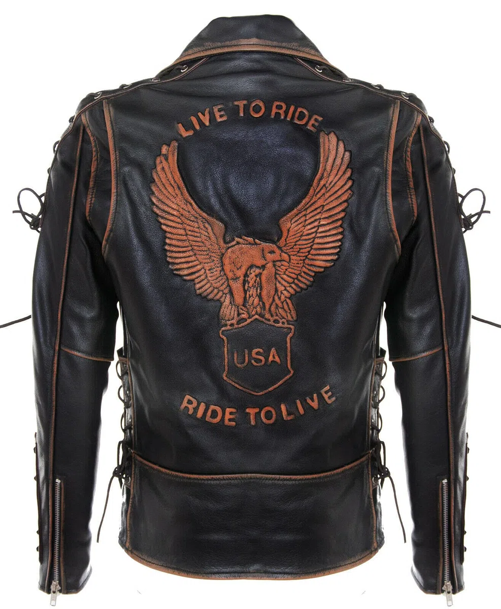 Infinity Leather Chaqueta de Motociclista de Cuero Con Estampado De Aguila en Relieve LIVE TO RIDE de Brando Negro Para Hombre