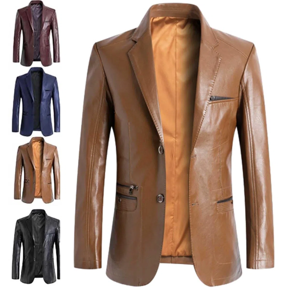 Chaqueta blazer de cuero para hombre, ajuste regular, abrigo de negocios de piel de cordero, con forro de botones, estilo motocicleta con múltiples bolsillos