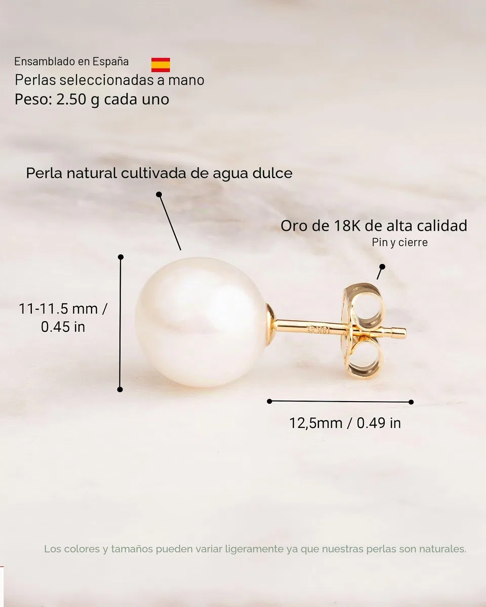 Pendientes de Perlas Redondas Cultivadas de Agua Dulce de Mujer Secret & You - En Oro de 18 k Ley 750 o en Plata de Ley de 925 Rodida - Disponibles en 6 tallas, desde 6-6,5 mm hasta 11-11,5 mm