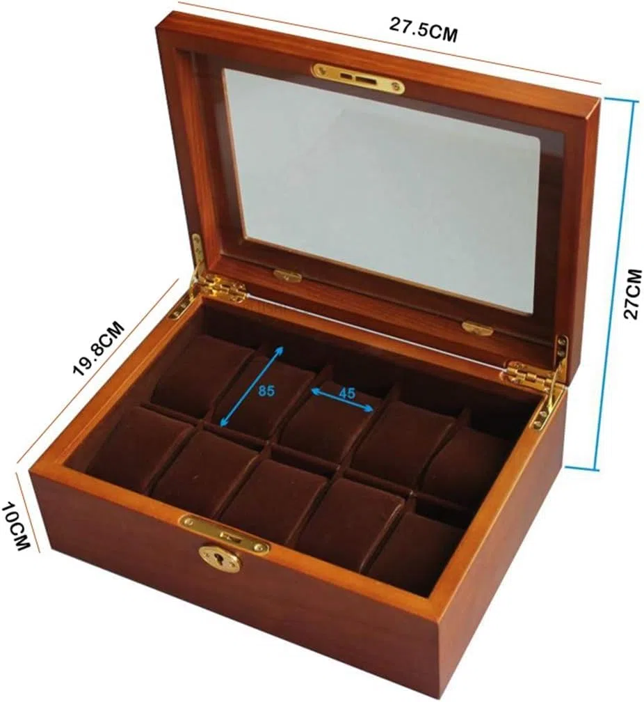 Caja de reloj de madera con 10 ranuras, caja de almacenamiento de lujo para joyas, organizador con 10 almohadas