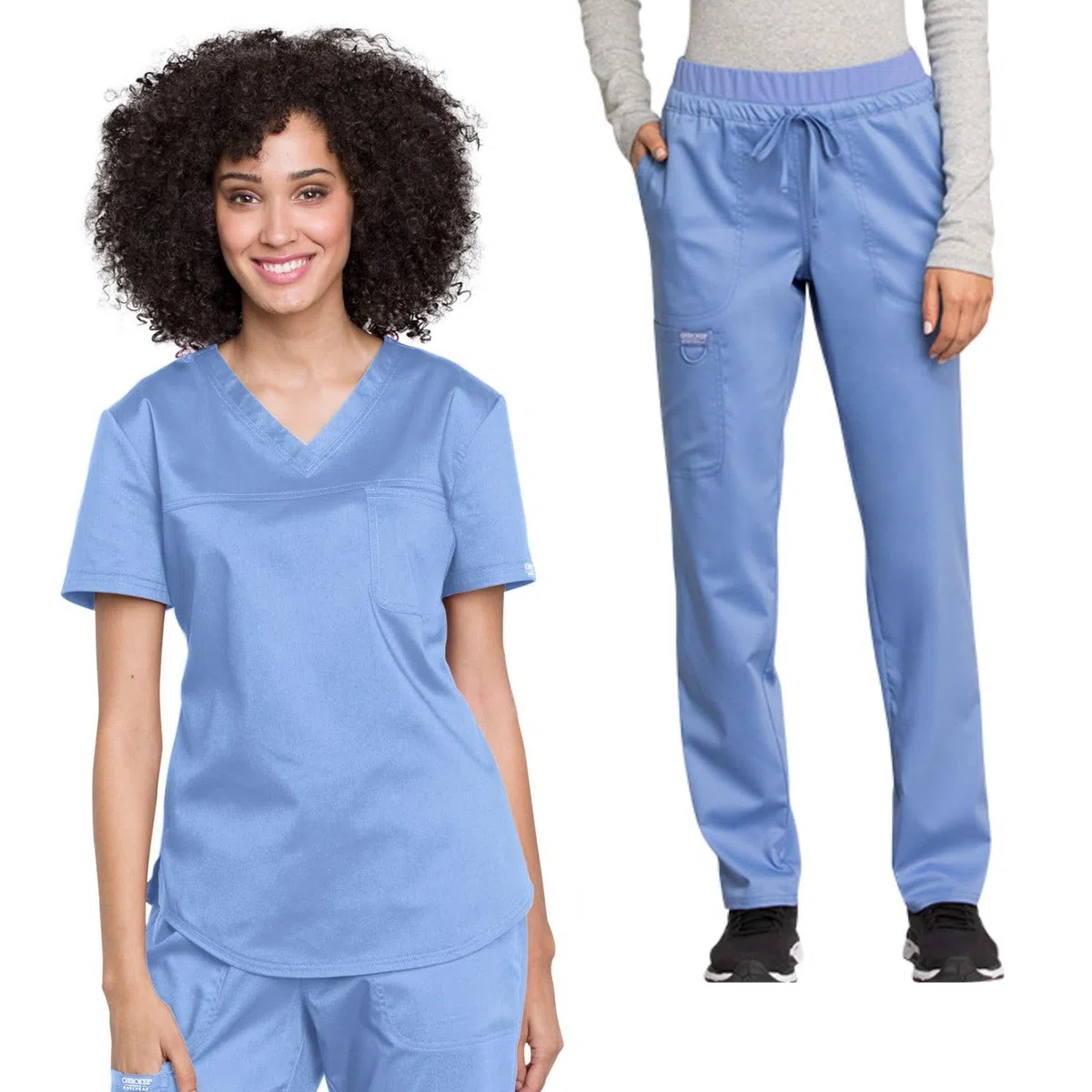 Cherokee Conjunto de uniforme médico para mujer con cuello en V, WW657 con pantalón médico de tiro medio y pierna cónica con cordón WW105, Ciel- 2XL Top / 2XL Petite Pant