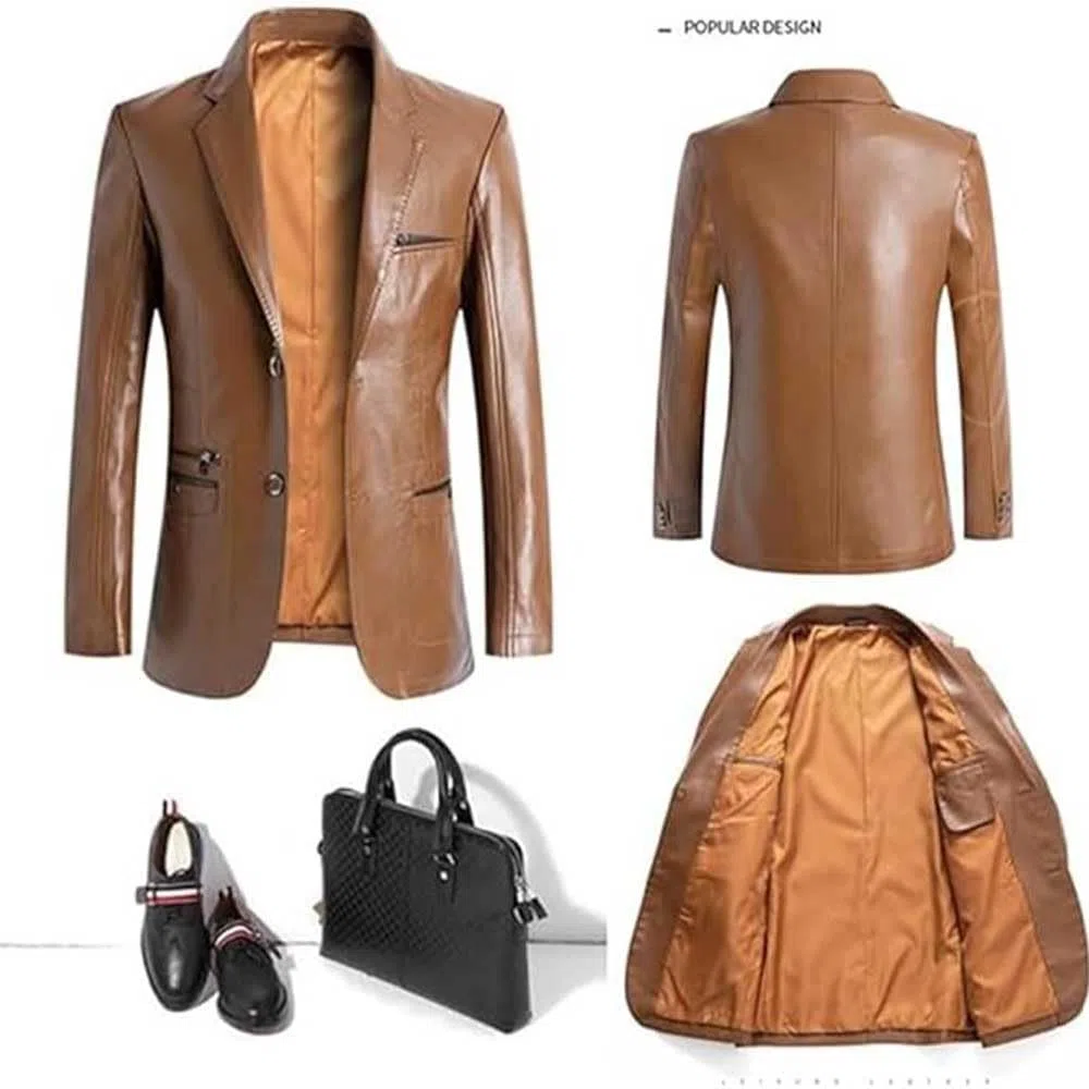 Chaqueta blazer de cuero para hombre, ajuste regular, abrigo de negocios de piel de cordero, con forro de botones, estilo motocicleta con múltiples bolsillos