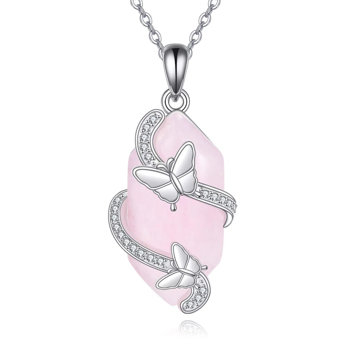 ONEFINITY Collar de cuarzo rosa de plata de ley 925 con colgante de mariposa, cristal rosa, joyería de cuarzo rosa para mujer