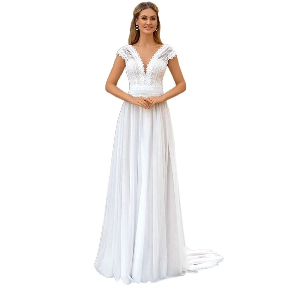 Nuevo Vestido de Novia Bohemio Beach Encaje de Cuello V Vestido de Novia de Novia con Alas Y Mangas Barriendo Vestido, Blanco, 38