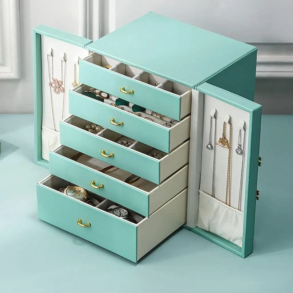 Joyero Organizador con 5 cajones y Puertas Dobles, Estuche de Cuero para Guardar Anillos, Pendientes, Collares y Relojes.