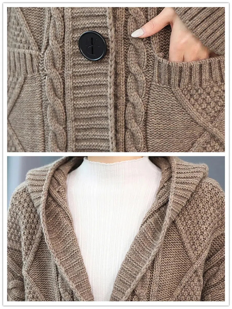 Suéter con capucha para mujer, cárdigan largo para otoño e invierno, suelto, grueso, cálido, de punto de un solo botonadura