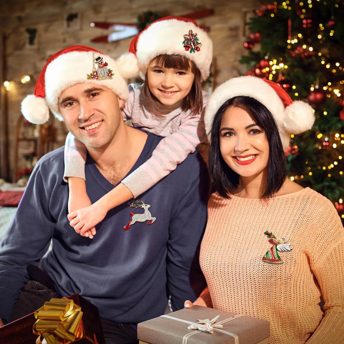 Juego de 12 broches de Navidad para mujer, con diamantes de imitación, corona de árbol de Navidad, muñeco de nieve, reno, adorno de Navidad, regalo, Acero inoxidable, amazonita