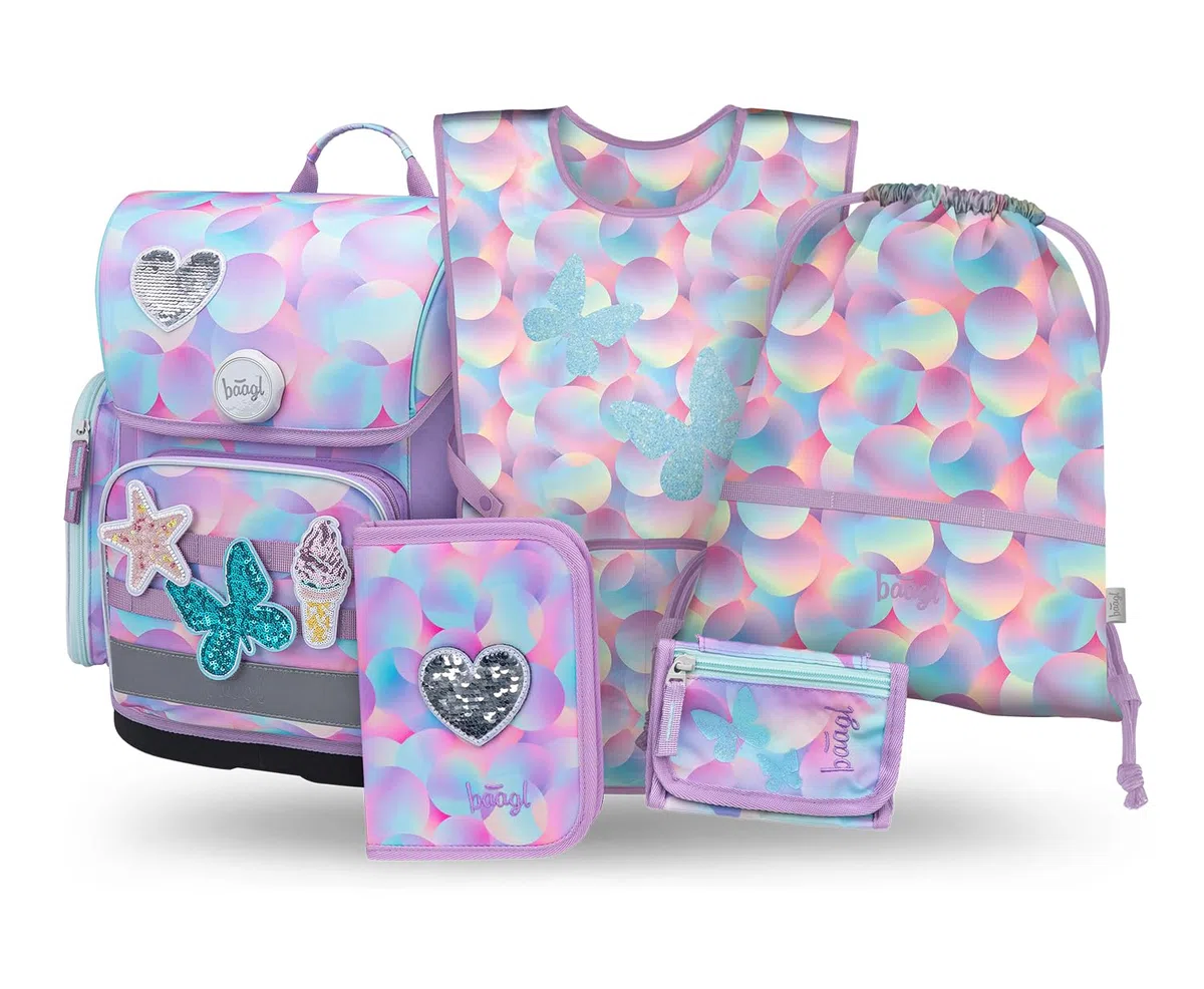 Baagl Juego de 5 Mochilas Escolares para niños y niñas (Mochila Escolar Ergo para 1ª Clase, Estuche, Bolsa de Gimnasio, Delantal, Bolsa de Pecho), Mochila Escolar ergonómica, 19 l, Candy, Juego de