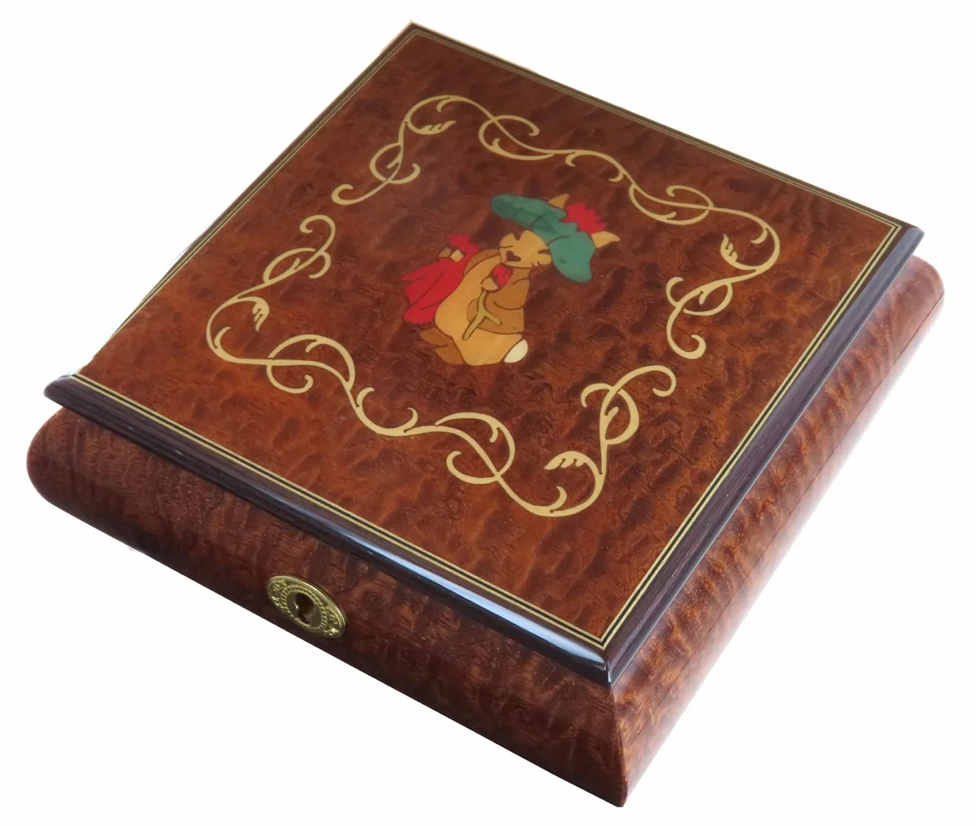 Joyero musical/caja de música para joyas de madera con marquetería conejo de Beatrix Potter y mecanismo musical de resorte de 18 notas - El vals de Amélie Poulain - Amélie (Yann Tiersen).