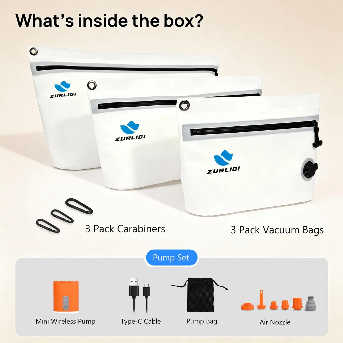 Zurligi Bolsas de viaje compactas de embalaje al vacío con mini bomba para ropa interior y artículos esenciales, juego S/M/L con sello al vacío acoplable, bolsas organizadoras de compresión para
