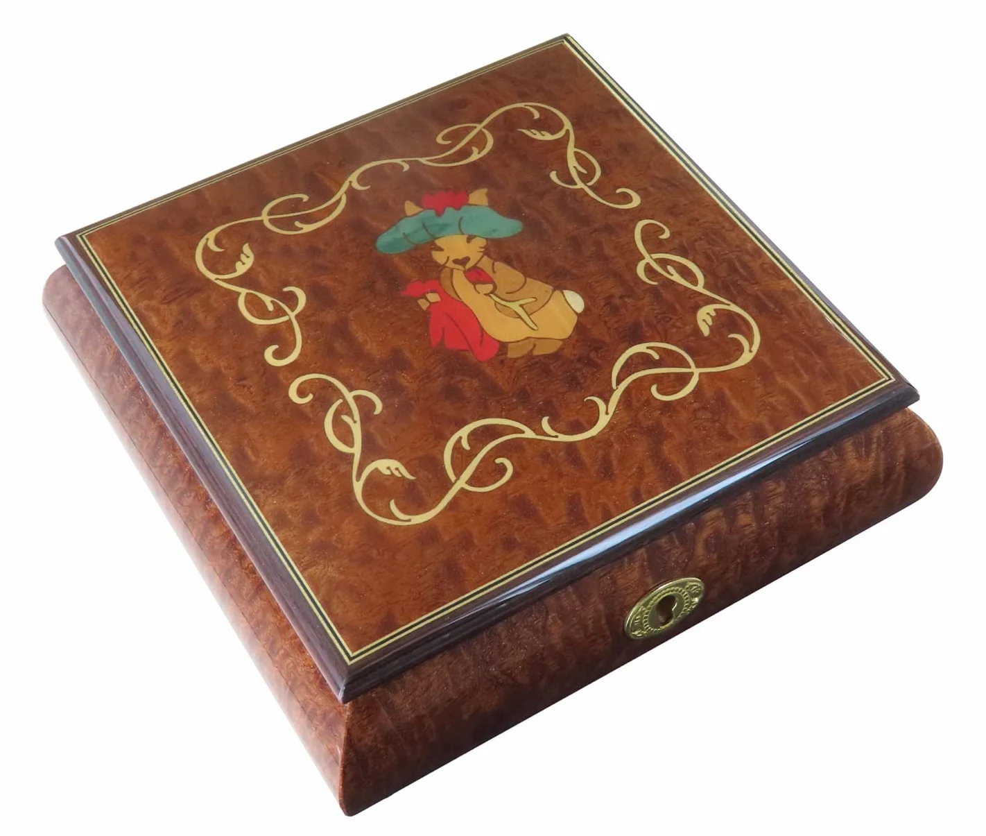 Joyero musical/caja de música para joyas de madera con marquetería conejo de Beatrix Potter y mecanismo musical de resorte de 18 notas - El vals de Amélie Poulain - Amélie (Yann Tiersen).