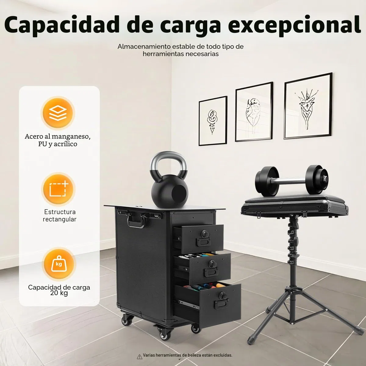 Maletín de cosméticos 4 en 1, con ruedas, cerradura de combinación profesional, capacidad de carga de 20 kg, para viajes, esteticista, peluquería, 42 x 28 x 53 cm (negro)