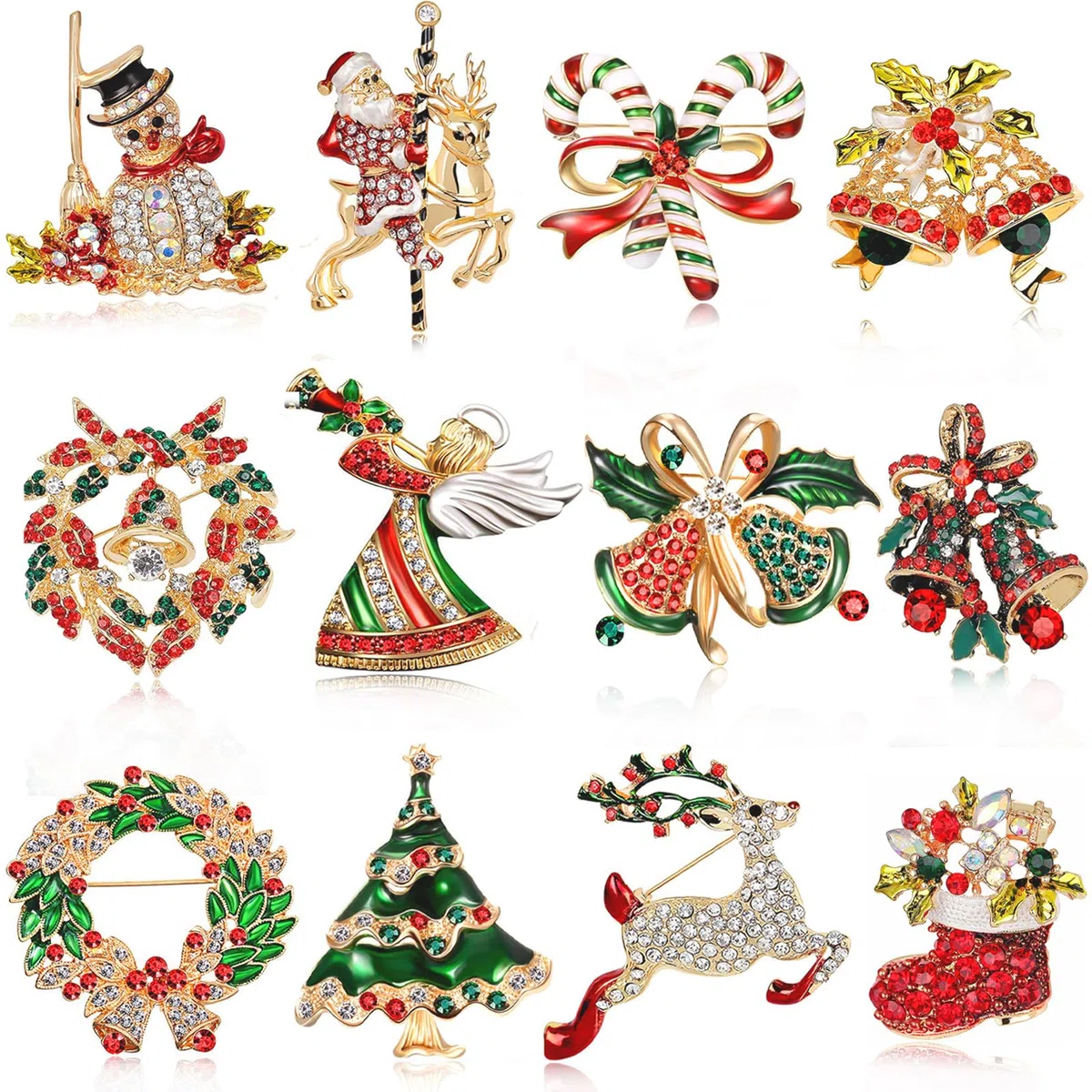 Juego de 12 broches de Navidad para mujer, con diamantes de imitación, corona de árbol de Navidad, muñeco de nieve, reno, adorno de Navidad, regalo, Acero inoxidable, amazonita
