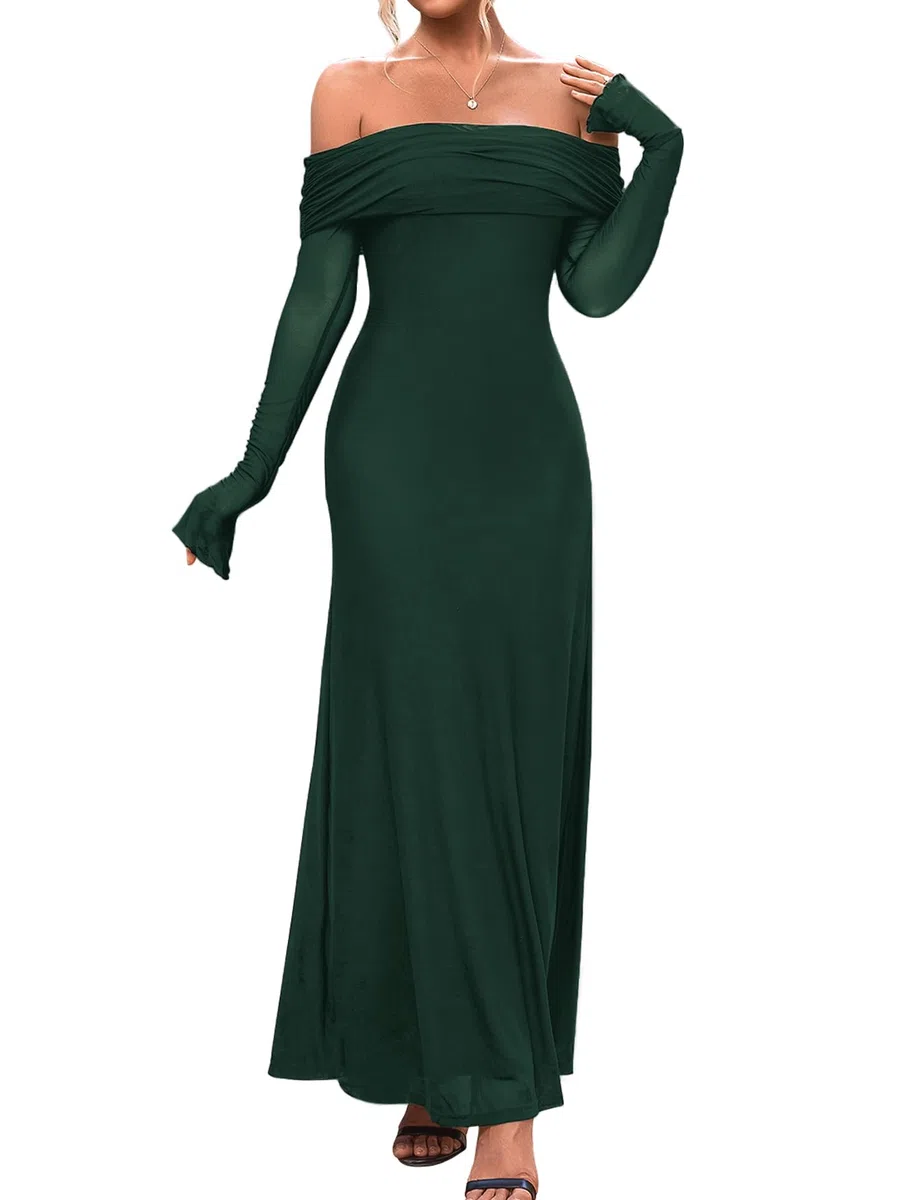 KUTUMAI Vestido largo ajustado con hombros descubiertos para mujer, manga larga, tul fruncido, para fiesta, boda, invitada formal