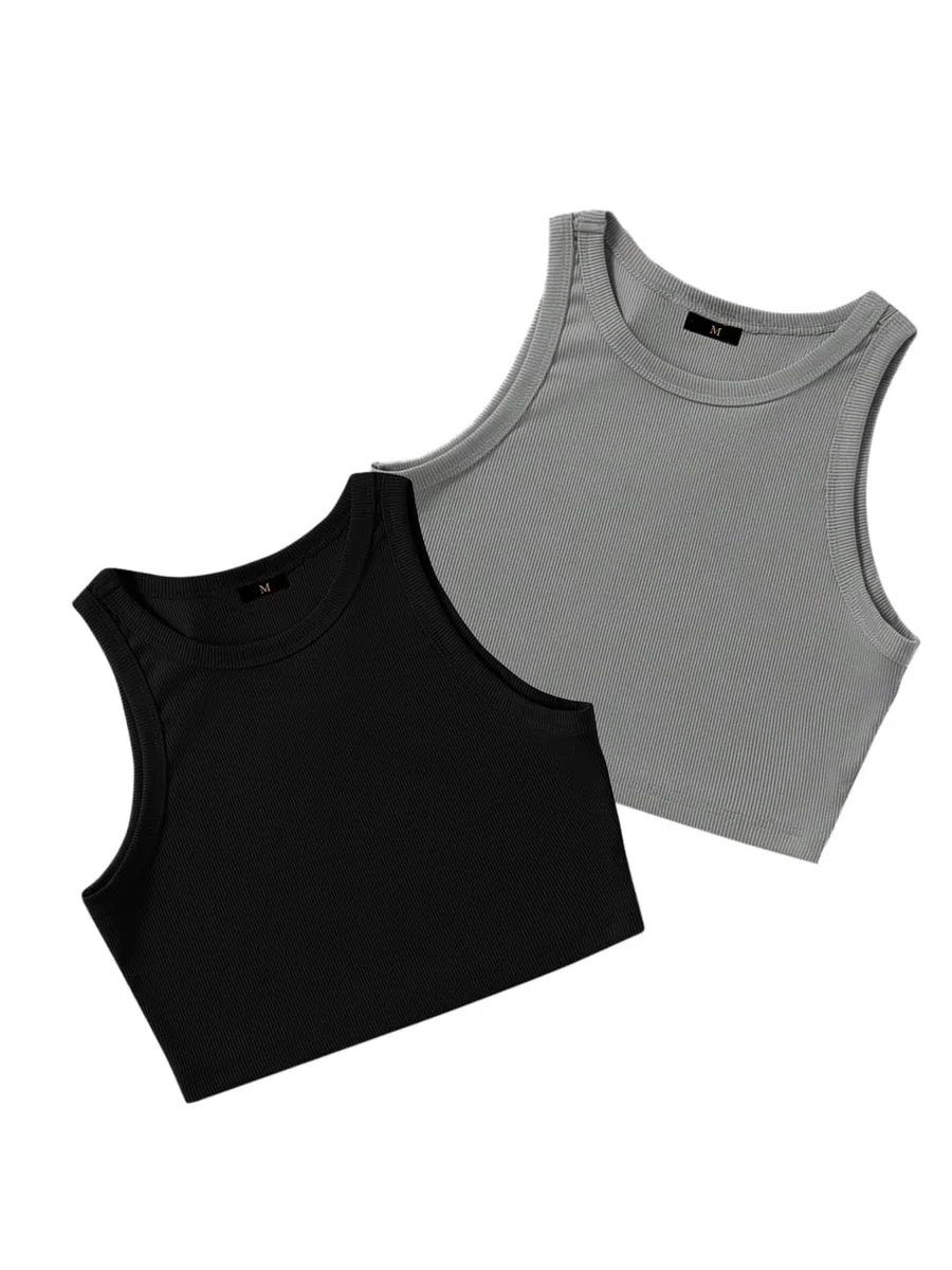 Pack de 2 camisetas sin mangas acanaladas elegantes con cuello redondo para mujer y top corto occidental