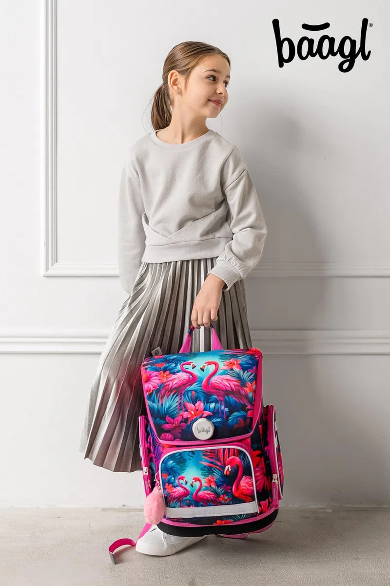Baagl Mochila escolar para niños y niñas para 1ª clase (o 2ª clase), mochila escolar Ergo para niños y niñas, mochila escolar ligera con correa para el pecho, Flamingos