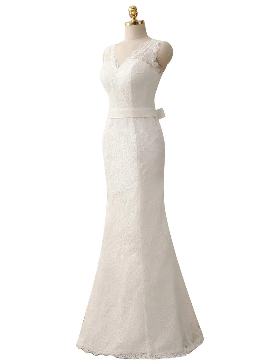 Elegante Vestido de Novia Simple de Cuello V, Blanco, 40