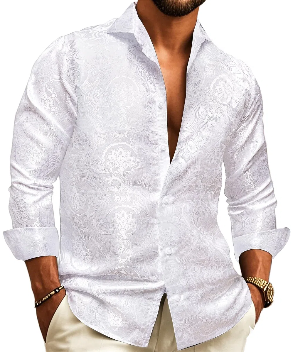 Barry.Wang Mens Dress Shirts Silk Luxury Paisley Big and Tall Long Sleeve Shirt Business Wedding Party Red Black S-3XL