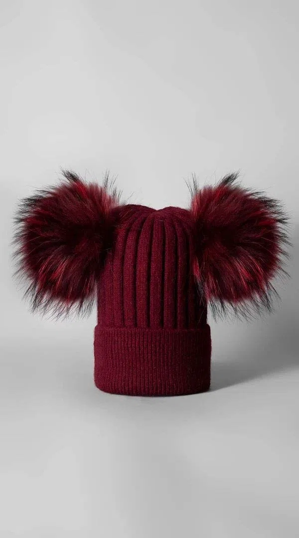 Gorro de cachemira de piel auténtica con doble pompón, para mujer, de invierno, para mujer ROSSO BORDEAUX Talla única