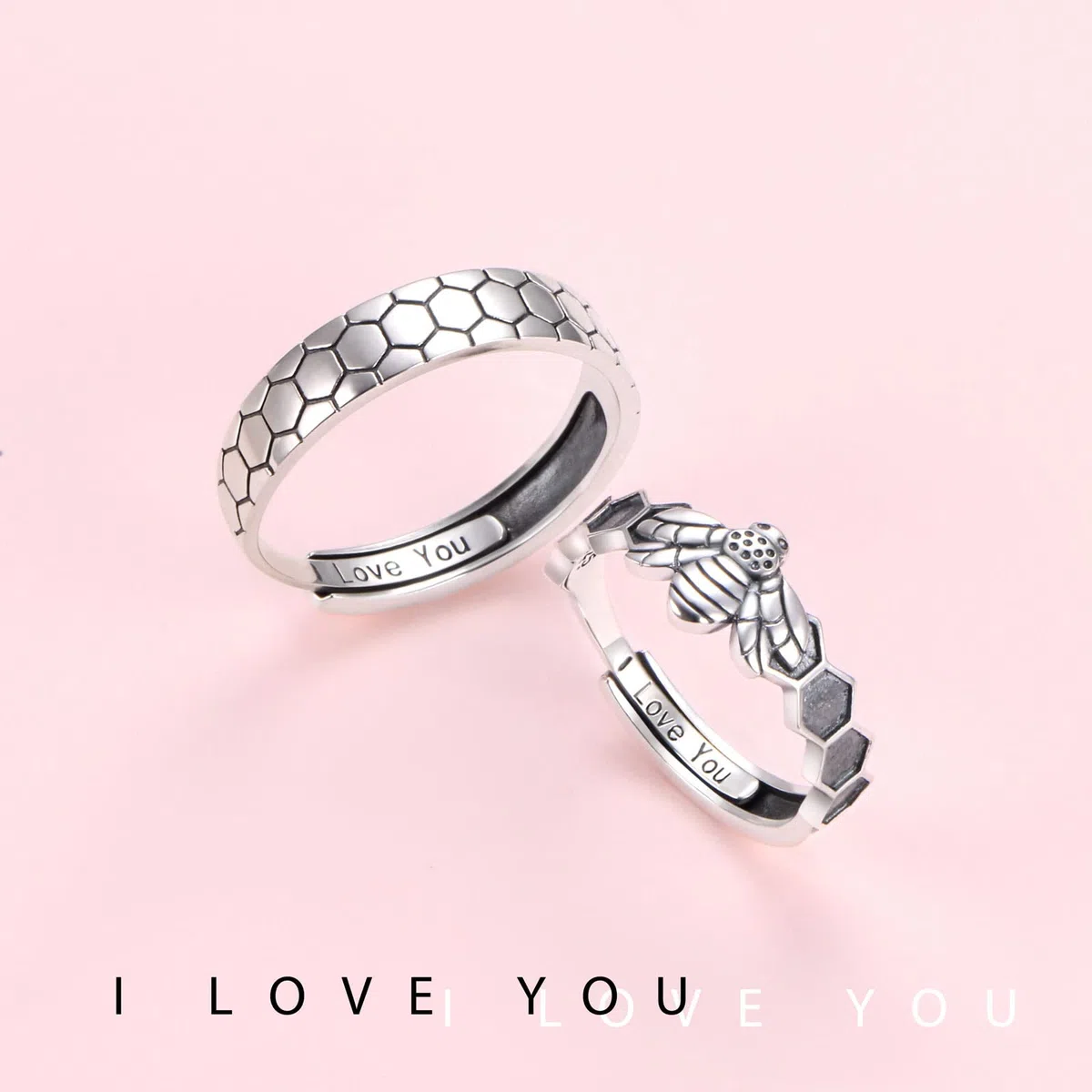Juego de anillos de pareja de panal de abeja, plata de ley 925, bonito anillo de combinación de animales para parejas, grabado "I Love You", anillo de compromiso ajustable para él y para ella