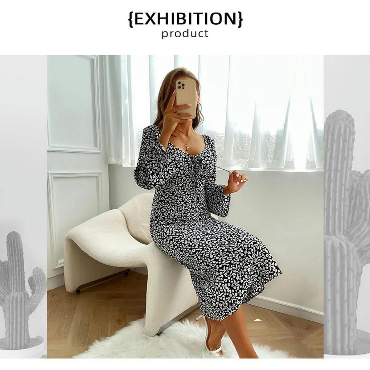 Vestido de cuello cuadrado para mujer, vestido de manga larga con volantes, estampado floral bohemio, vestidos fluidos YYEFNMAZ