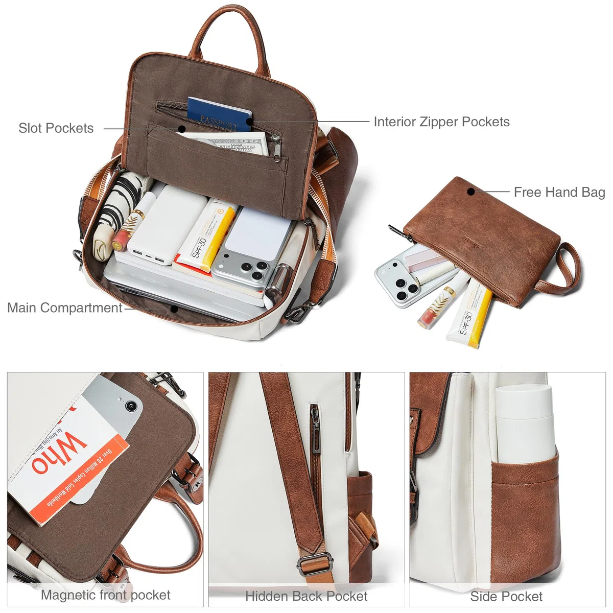 Shrrie Mochila para Mujer Cuero Vegano,Impermeable Antirrobo,Elegante para Portátil,Correa Ajustable con Asa y Bandolera Multifuncional para Diario,Trabajo,Viaje,Escuela y Compras.