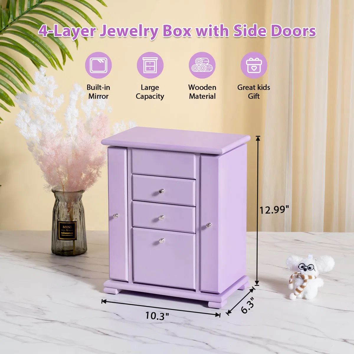 Caja de joyas para niña, 4 niveles, caja de música musical para niña, con bailarina de rotación, gran caja de música infantil de madera para niños, cumpleaños de regalo (púrpura)