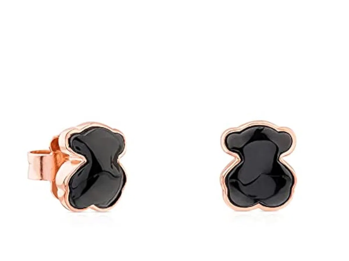 TOUS Pendientes con Baño de Oro Rosa 18Kt sobre Plata para Mujer con Cierre de Presión y Motivo Oso 0,7cm Onix Facetado, Minimalista y Discretos, Colección Motif