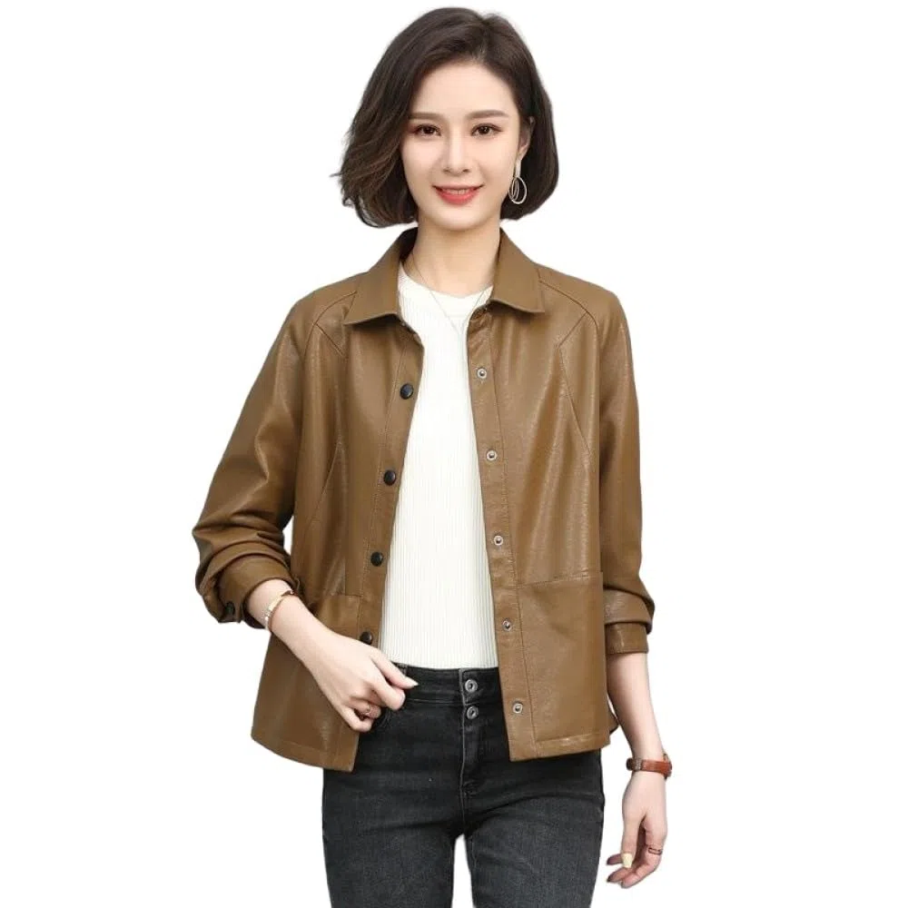 Chaqueta Moto Mujer,Chaqueta De Piel Sintética Para Mujer Shacket Caqui Solapa Broche Pu Moto Biker Coat Bolsillo Corto Bomber Jacket Elegante Manga Larga Raglán Motocicleta Casual Chaqueta Outwea