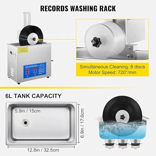 Limpiador ultrasónico de discos con sistema de rotación automática de doble cara y temporizador para restauración y mantenimiento profesional de vinilo