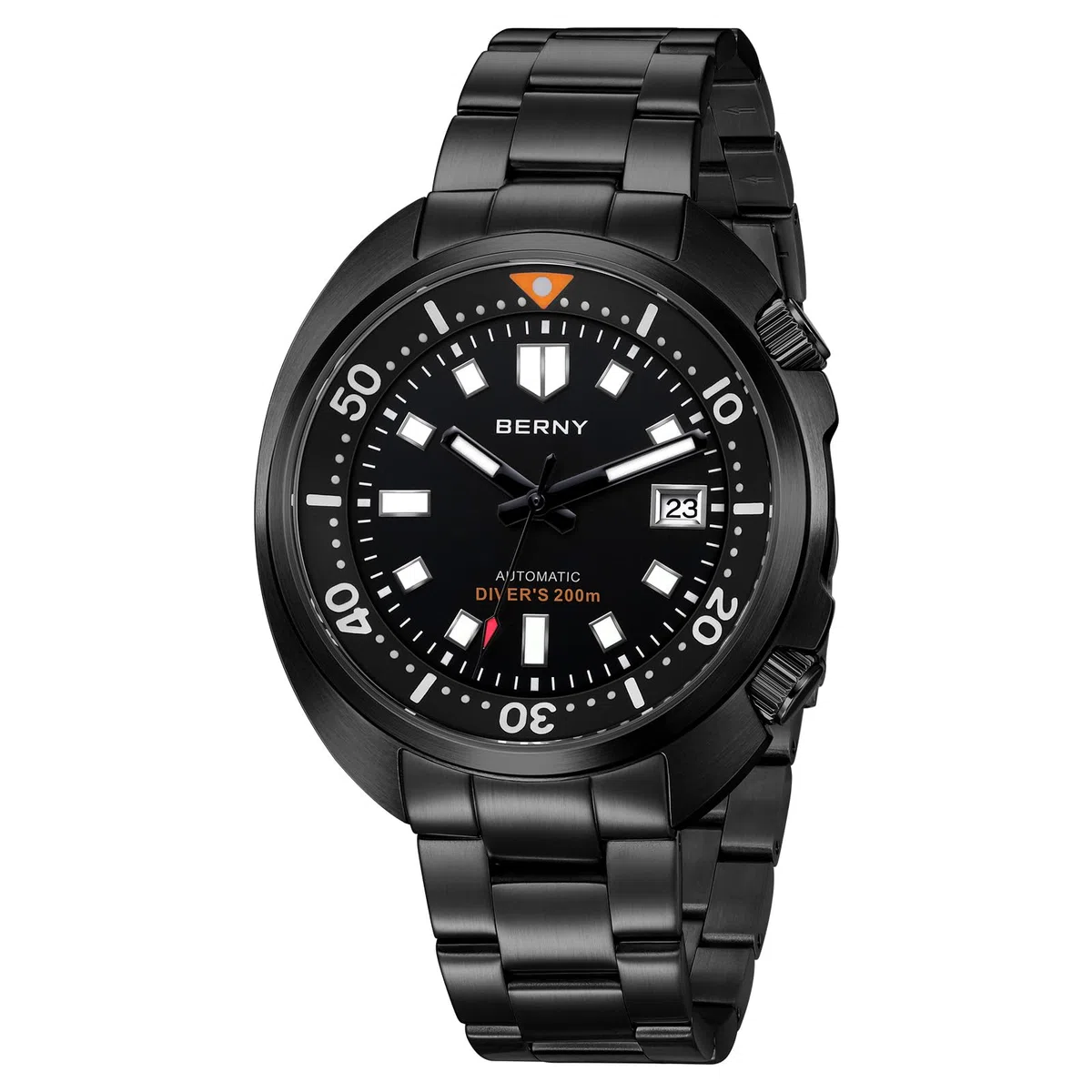 BERNY Reloj Automático Hombre Reloj De Buceo Todo Negro 200M Resistente Al Agua Reloj Analógico Mecánico De Pulsera Masculino con Fecha Super Luminosa Correa De Fluoroelastómero