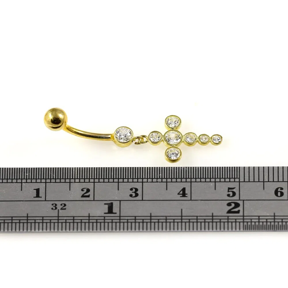 Piercing para ombligo de oro amarillo macizo de 14 quilates con circonita cúbica y cruz colgante – joyería para el ombligo de 14 quilates – Piercing para el ombligo calibre 14, 14 Gauge