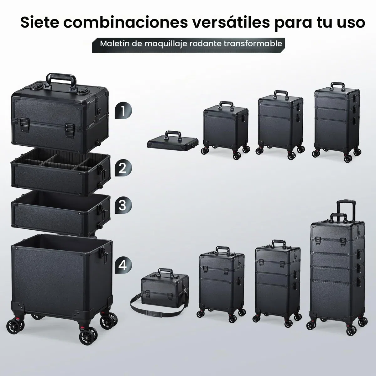 Maleta de Maquillaje con Ruedas - Maletín Belleza 5 en 1 con Cerradura y Mango Telescópico - Estuche para Manicura, Peluquería, Tatuaje - Organizador Profesional, Negro