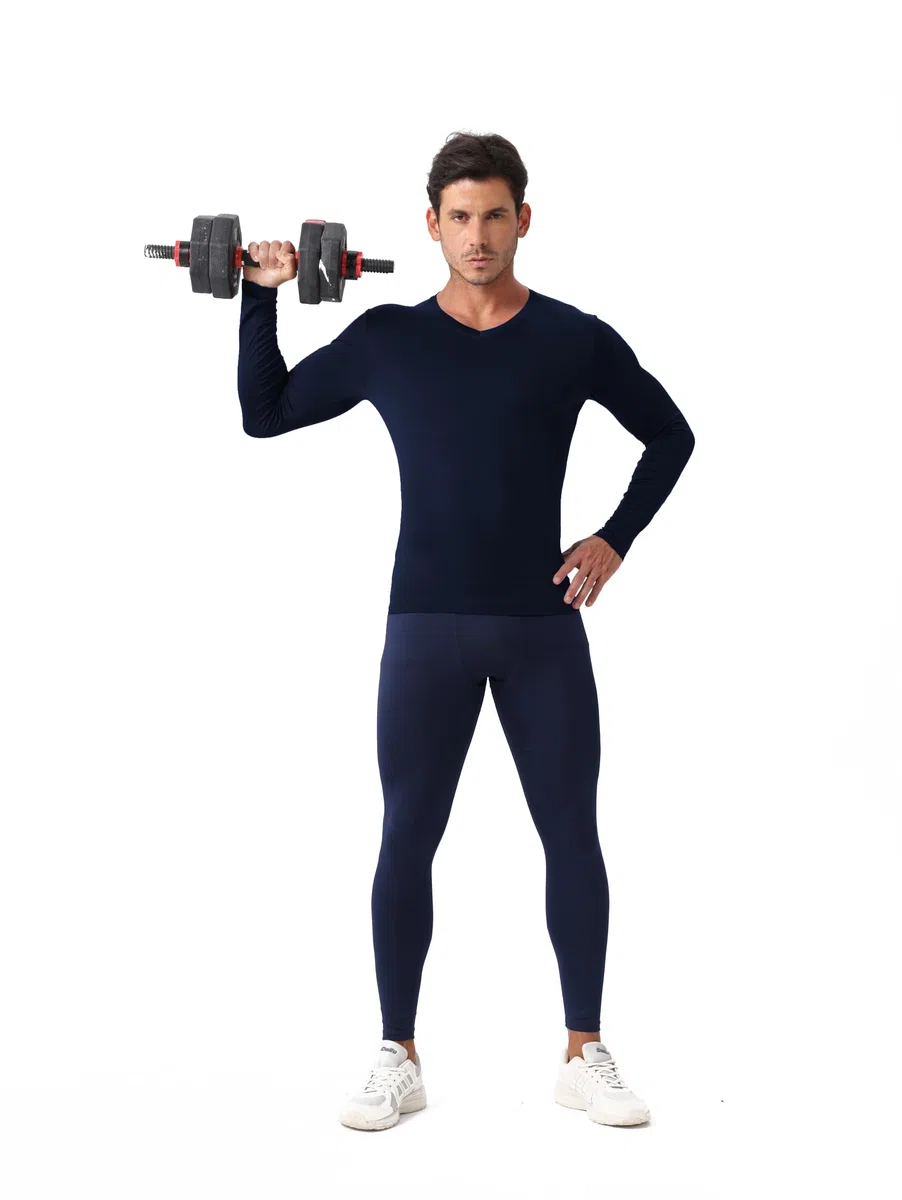 Camiseta de compresión para hombre, cuello en V, manga larga, camiseta de entrenamiento, fresca, para gimnasio, deportes activos, capa base