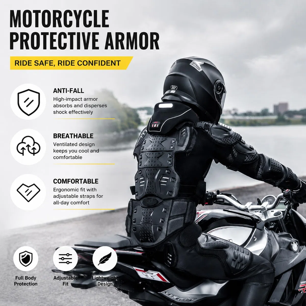 Traje de Protección para Moto con Armadura Completa Equipo de Motocross Transpirable y Ligero con Protectores de Pecho, Espalda, Hombros y Codos Para Dirt Bike, ATV y Carreras,Black-XL